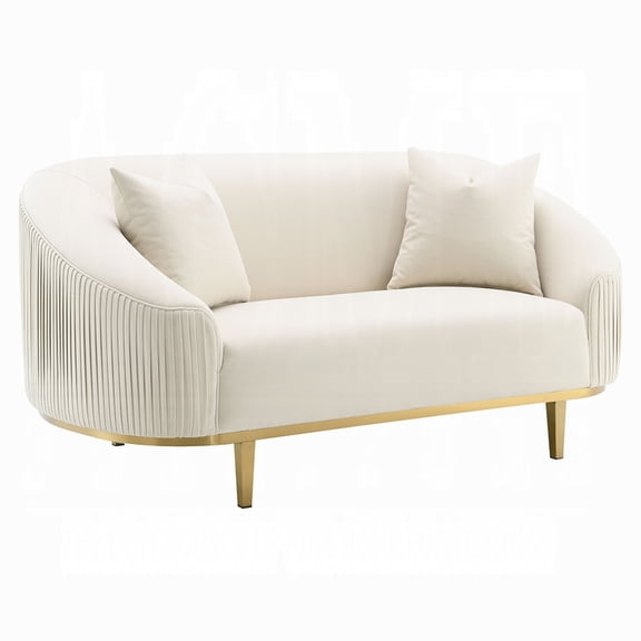 Artina Loveseat, 2 Accent Throw Pillows, Ivory Velvet and Gold 74 Inch