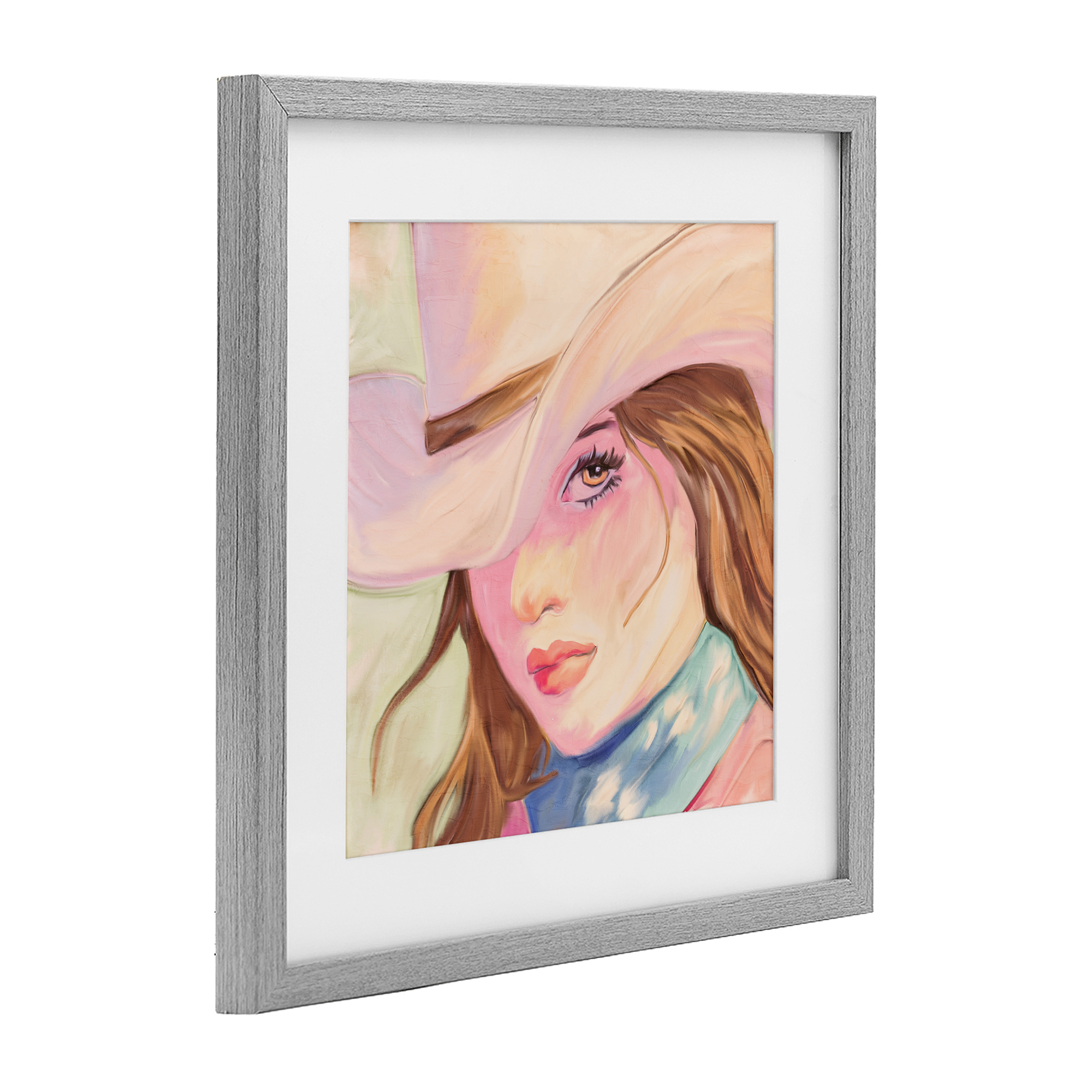 Pastel Cowgirl Brunette Gray Framed Print Under Glass, design by Kim Allen