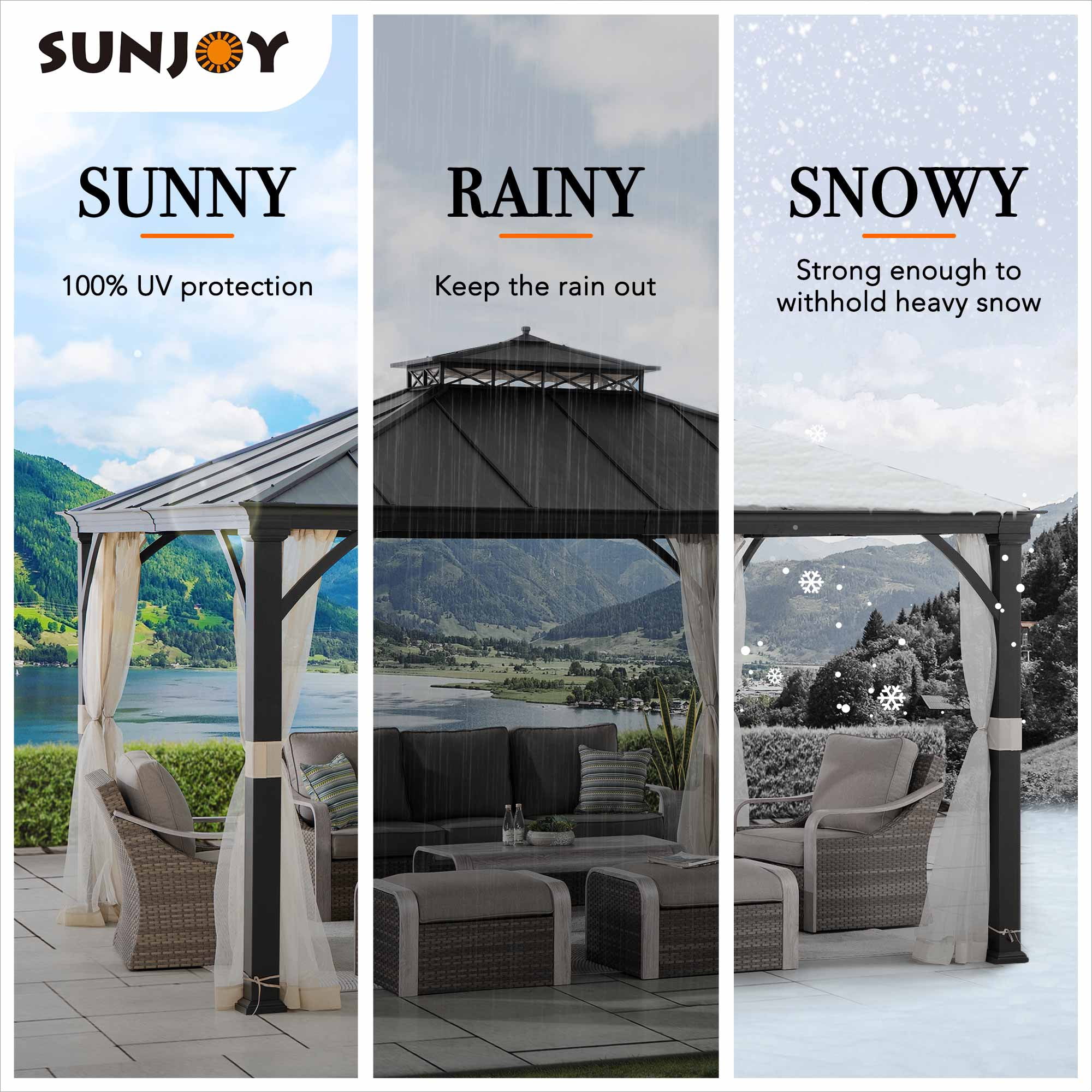 Sunjoy 11 x 13 ft. Crown Lattice Hardtop Patio Gazebo with 2-Tier Metal Roof & Mesh Netting, Matte Black Steel