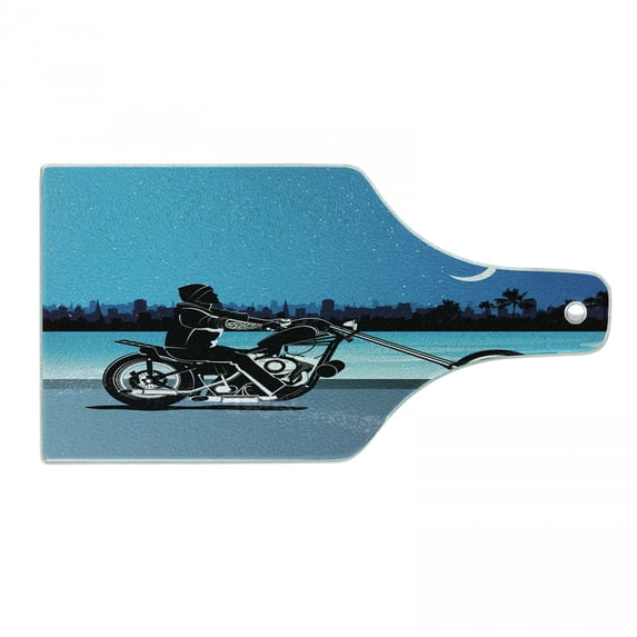 Motorcycle Cutting Board, Art with Chopper Motorcycle Biker Riding Starry Night Sky Cityscape Silhouette, Tempered Glass Cutting and Serving Board, Wine Bottle Shape, Black Navy, by Ambesonne