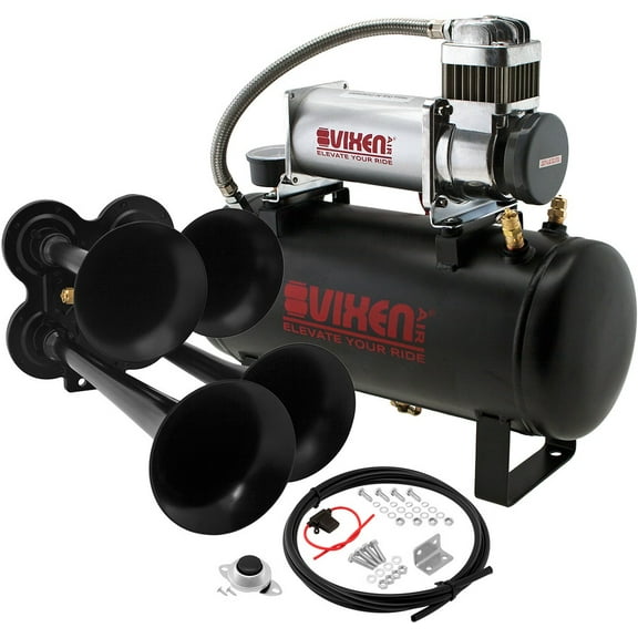 Vixen Horns Train Horn Kit for Trucks/Car/Semi. Complete Onboard System- 150psi Air Compressor, 2 Gallon Tank, 4 Trumpets. Super Loud dB. Fits Vehicles like Pickup/Jeep/RV/SUV 12v VXO8560/4114B