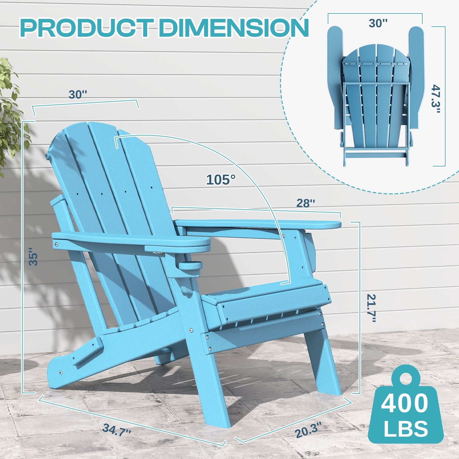 FODINGHILL Outdoor Folding Adirondack Chair set of 2, HDPE All Weather Patio Chair with Cup Holder for Deck Backyard Garden, Arctic