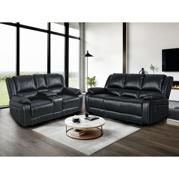 Manual Reclining Sofa Set, 5-Seat Faux Leather with Storage Console and Cup Holders, 2-Piece Living Room Furniture