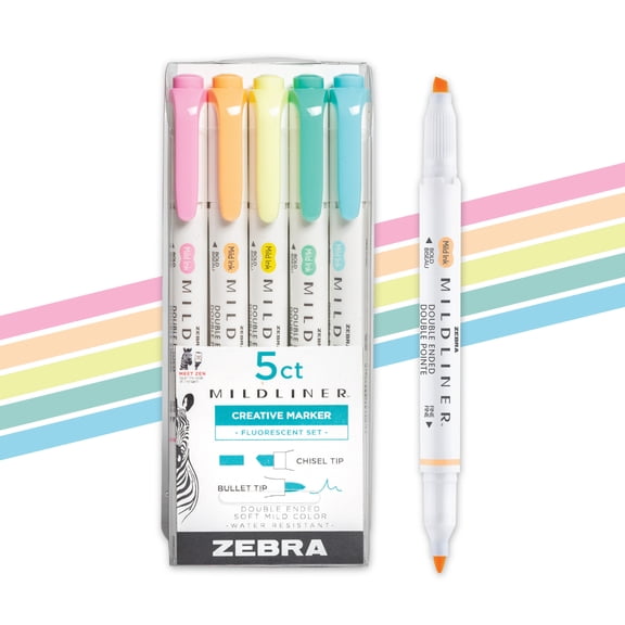 Zebra Mildliner Double-Ended Highlighter Set, Fine and Broad Tip, 5 Pack, Fluorescent