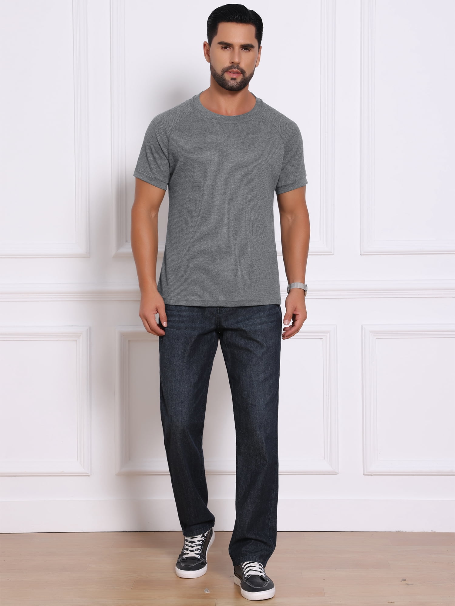 DARING DIVA Men's Waffle Fabric Classic Crew Neck Raglan Short Sleeves L Gray