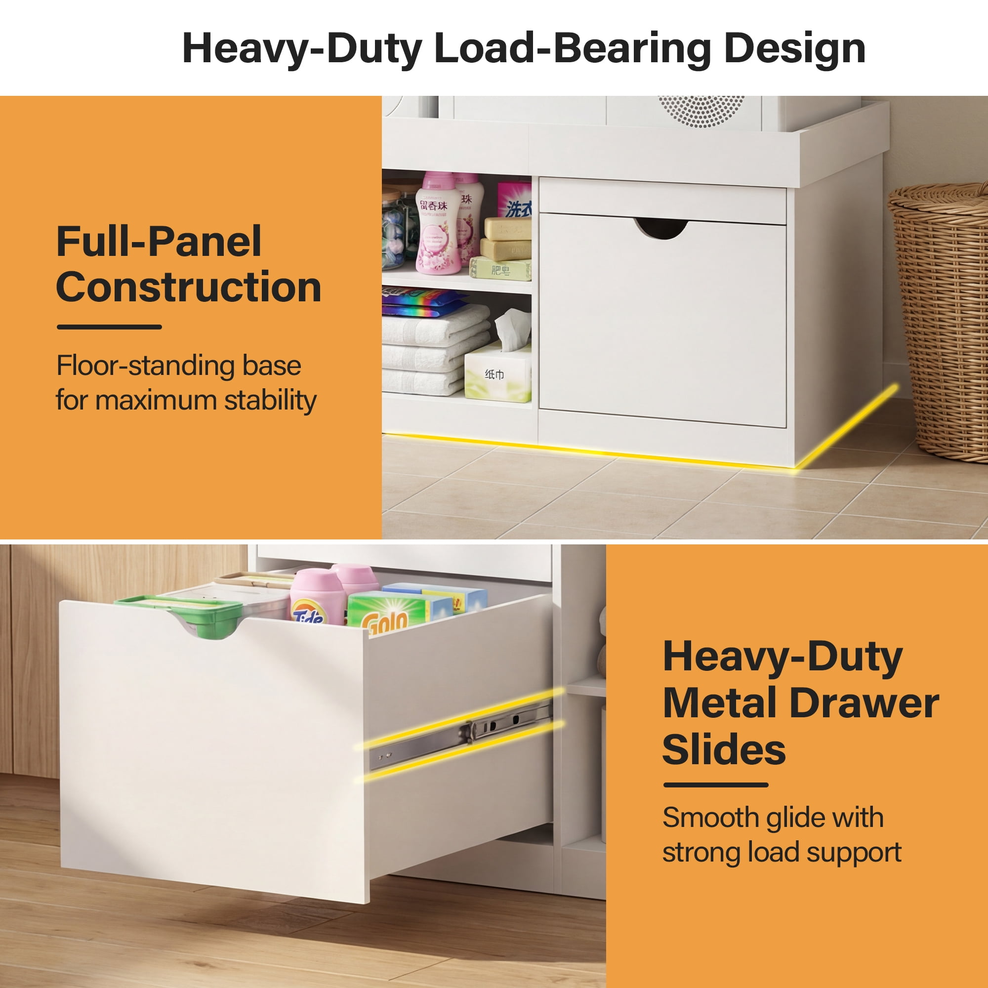 Advwin 57" Washer and Dryer Pedestal, Heavy Duty Washing Machine Stand with Laundry Basket Shelf, Large Drawers & Adjustable Storage Shelf, Universal Fit Anti-Vibration Laundry Pedestal, White