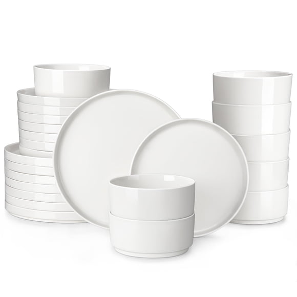 Juego de vajilla MALACASA LEAH de 24 piezas, porcelana blanca