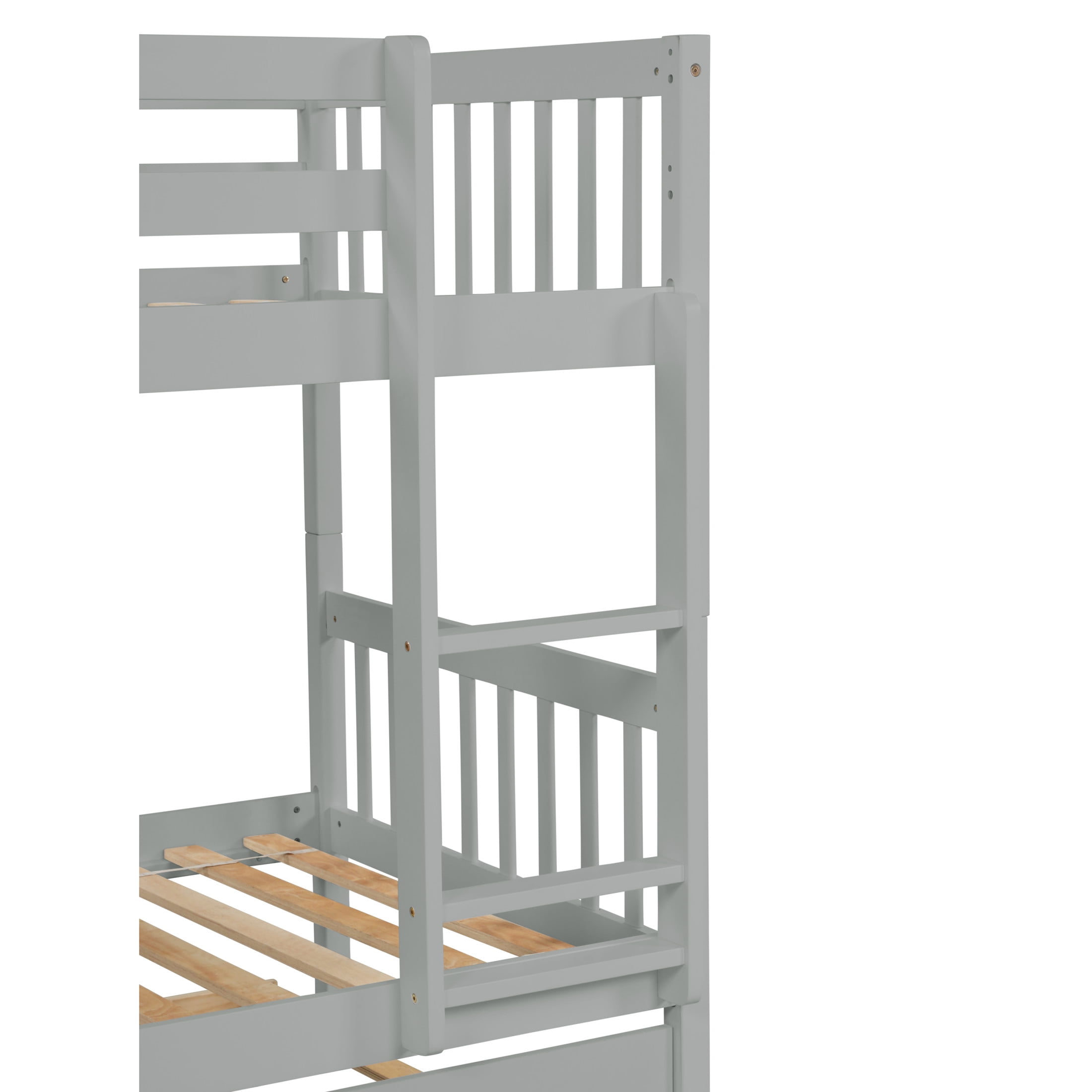 Noble House Twin Over Twin Bunk Bed with Trundle, Rubber Wood Frame with Ladder and Guardrails, Convertible, Grey