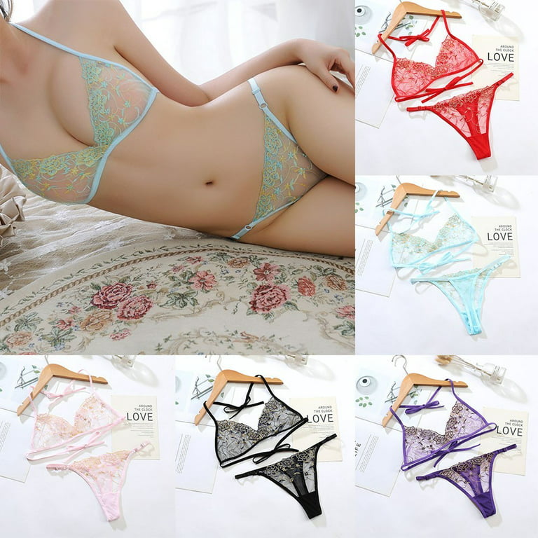 Women Lace G-String Underwear Bikini Set Bra Top Thong Lingerie