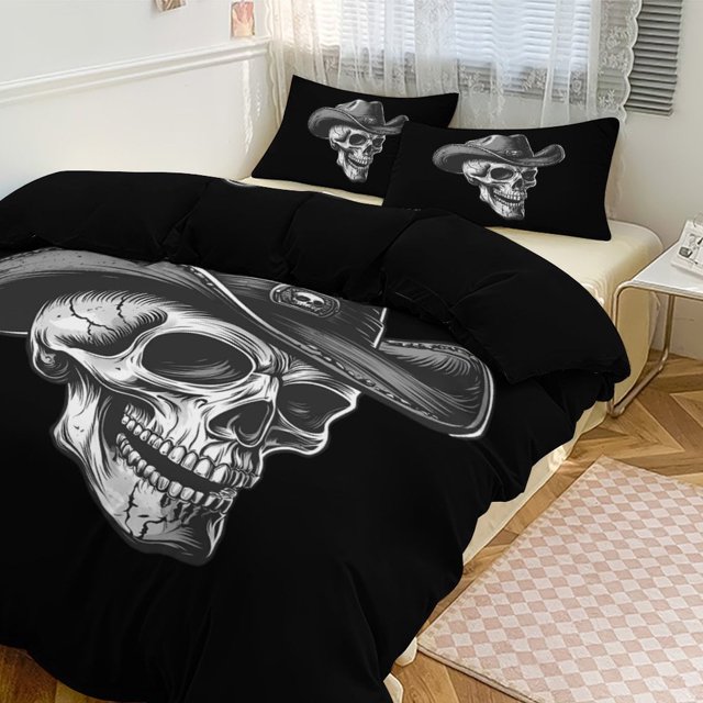 Juego de funda de edredón con calavera con sombrero de vaquero, tamaño king y queen, 3 piezas, 1 funda de edredón y 2 fundas de almohada con cierre de cremallera, 86 x 70 pulgadas