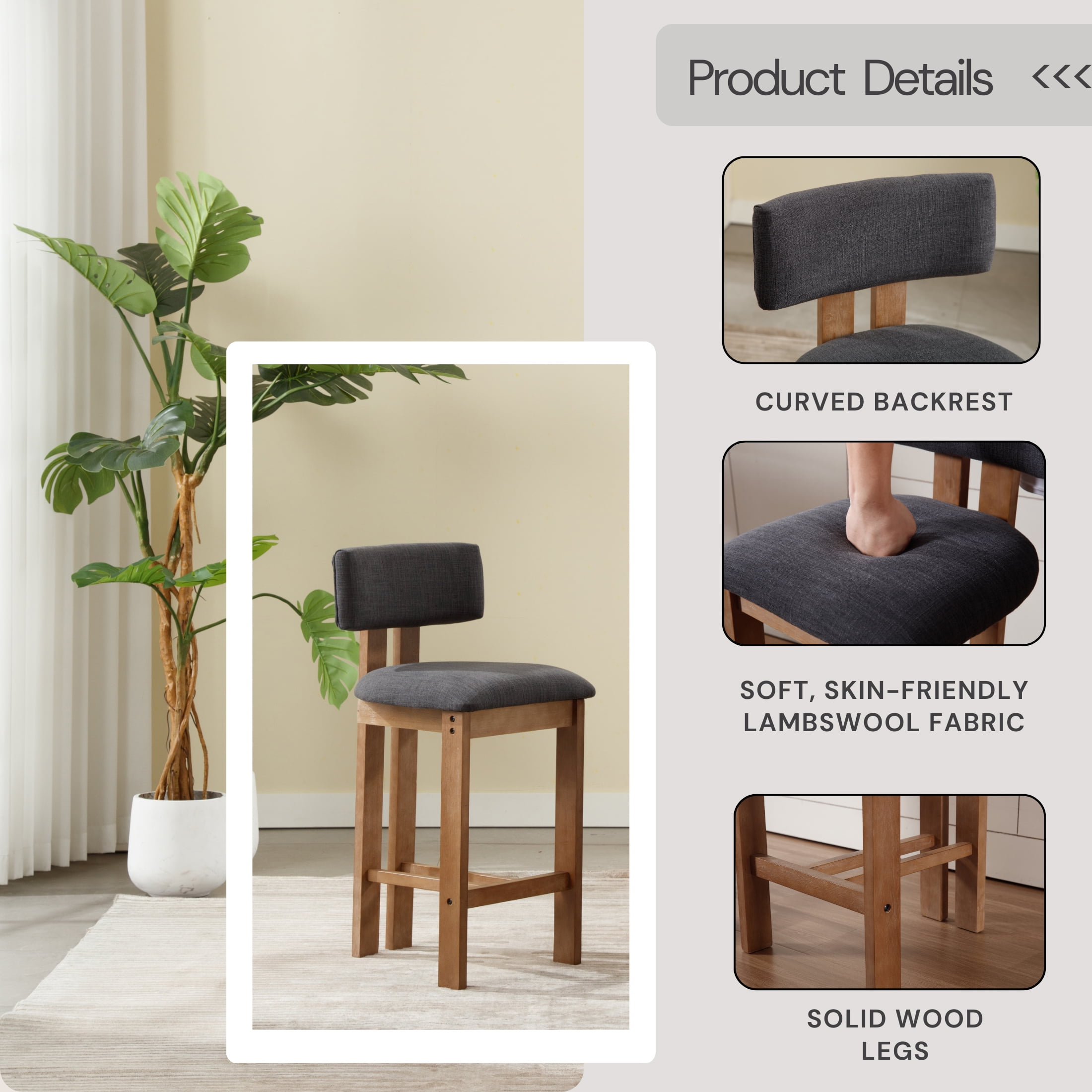 Guyou Modern Bar Stools Set of 4, 30 Inch Counter Height Bar Stools with Curved Backrest, Linen Upholstered Counter Stools, Wooden Kitchen Island Chairs for Kitchen Bar Cafe, Charcoal