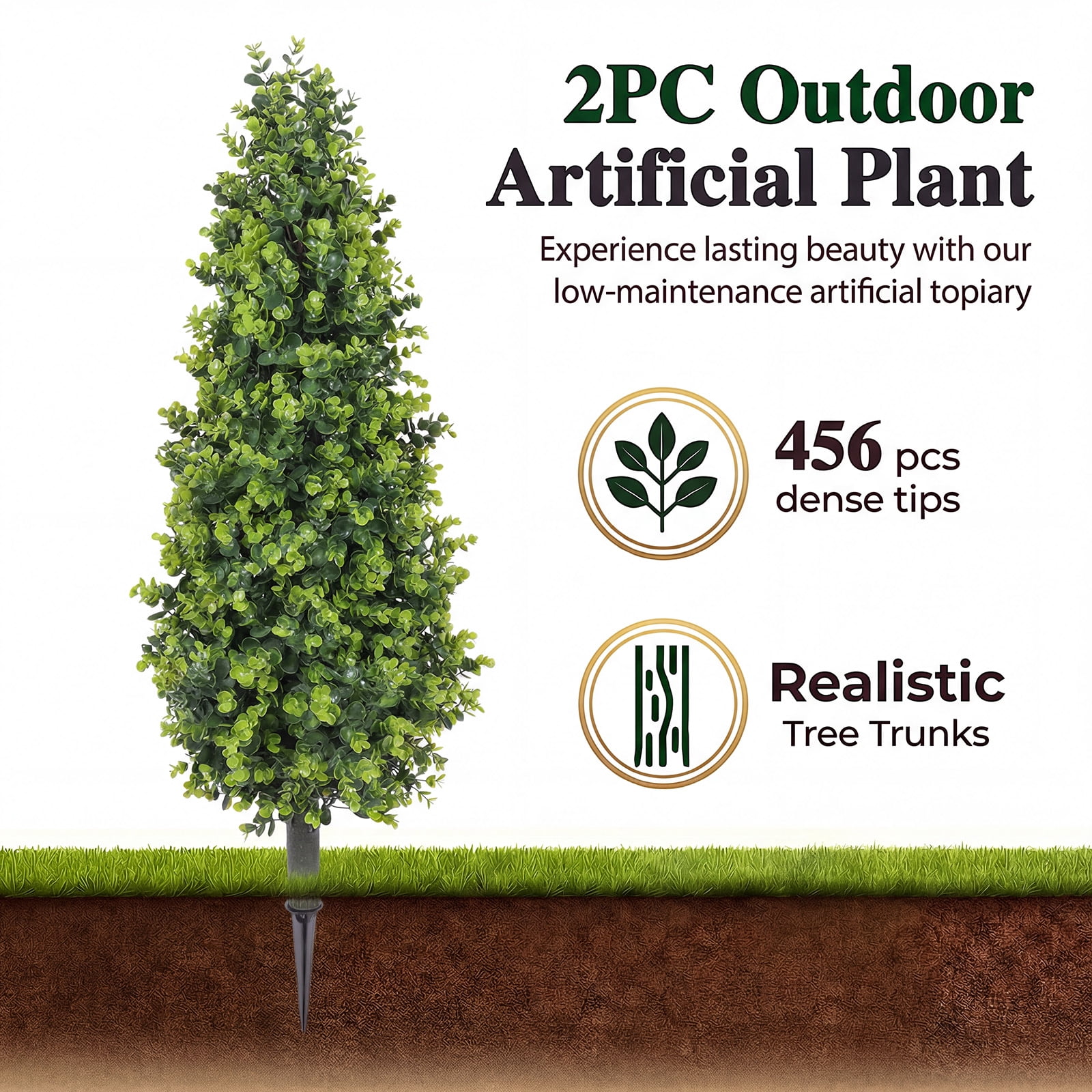 THE BRIVE 3ft Green Money Grass Cone Topiary Trees,Set of 2 UV Resistant Artificial Eucalyptus with Ground Spike, Realistic Shrubs for Outdoor Front Porch Patio Garden Decor