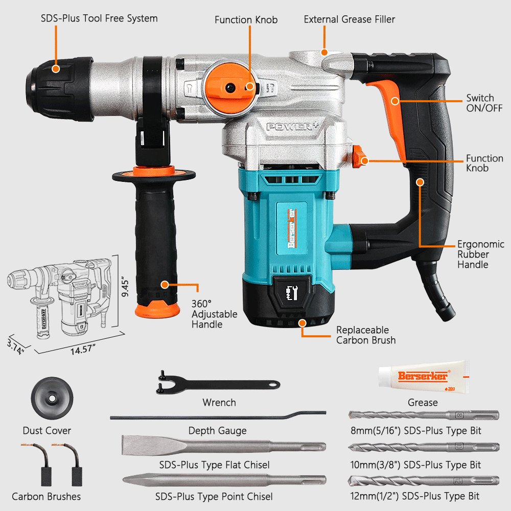 Berserker 9-Amp SDS-Plus Rotary Hammer Drill with Safety Clutch, 3-Function, includes Bits, Chisels, Case
