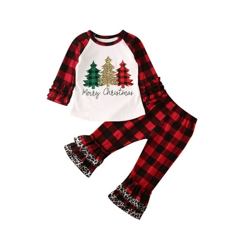 

Hopiumy Baby Long Sleeve Long Pants Suit Ruffle Tops T-shirt Plaids Pants Set