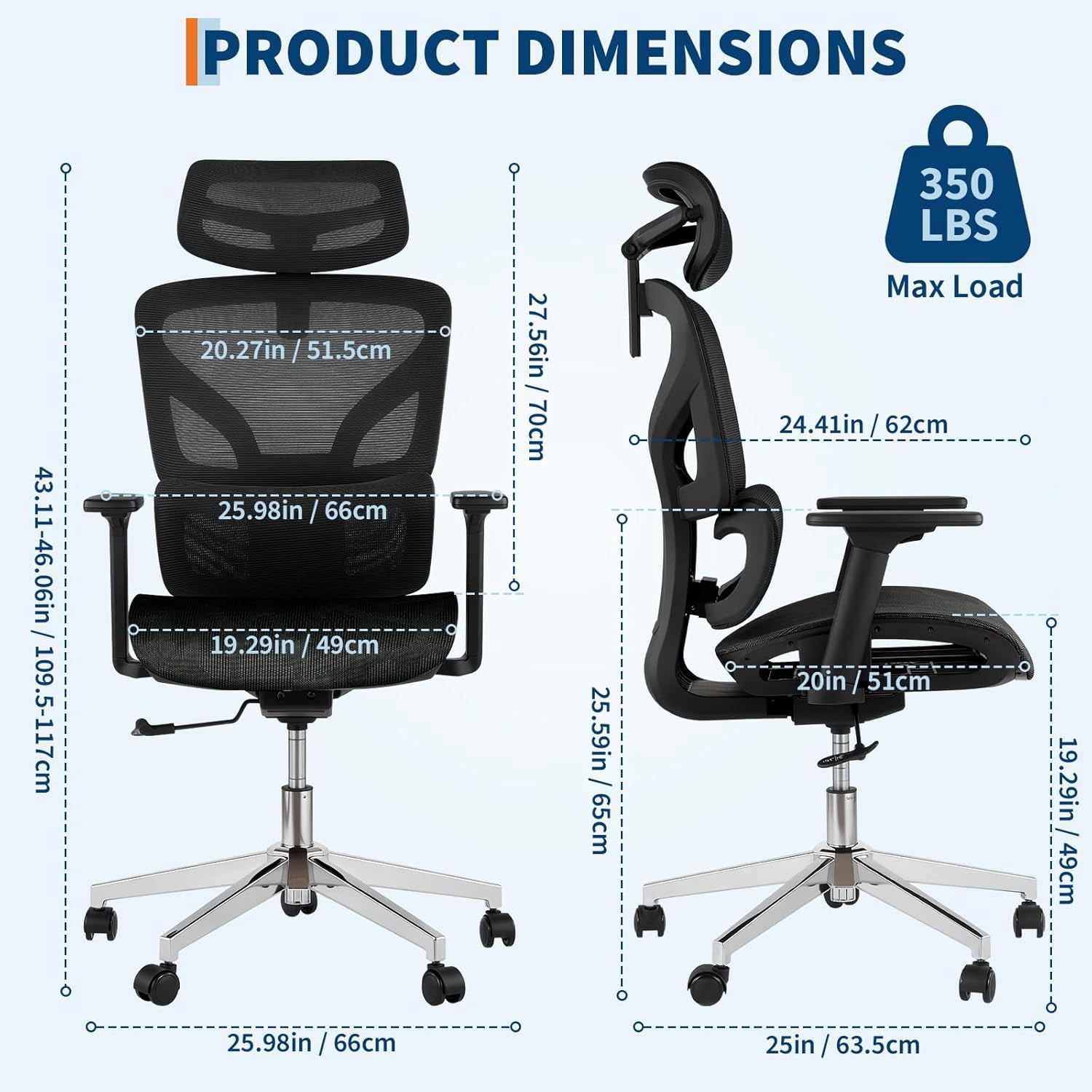 Ergonomic High Back Mesh Office Chair, Adjustable Armrest, Lumbar Support & Headrest, Slide Seat & Tilt Lock, Rolling Computer Desk Chair for Home Office, Black