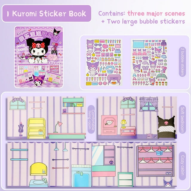 Sanrio New Creative Sticker Book Kawaii Quiet Book Bubble Scene Sticker Book for girls, featuring a purple-themed design with Kuromi character illustrations. Includes three major scenes: a comfortable living room, a soft bedroom, and a cozy cabin, along with two large bubble sticker sheets showcasing various kawaii-themed items like furniture, accessories, and decor. Ideal for handmade gifts and creative play.