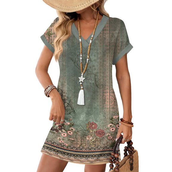 Women's Floral Print V-Neck Short Sleeve Casual Dress with Pocket, Pullover Summer Dress, Lightweight Comfort Fit, Fashion Ladies Clothing,Green,M