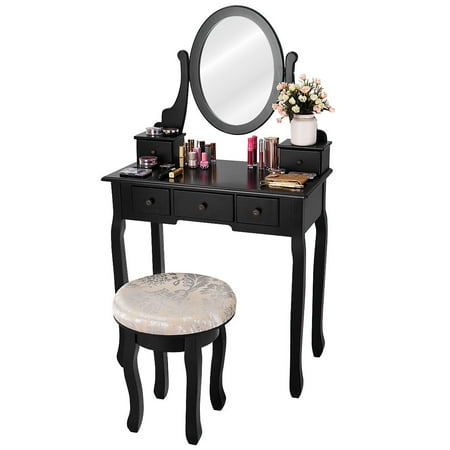 Gymax Black Makeup Table Vanity Table Set Cushioned Stool Mirror 5 Drawers Walmart Canada