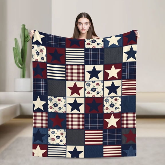 Patriotic Throw Blanket with Printed Patchwork Country Design, Soft Flannel Vintage Americana Rustic Throw 50x40