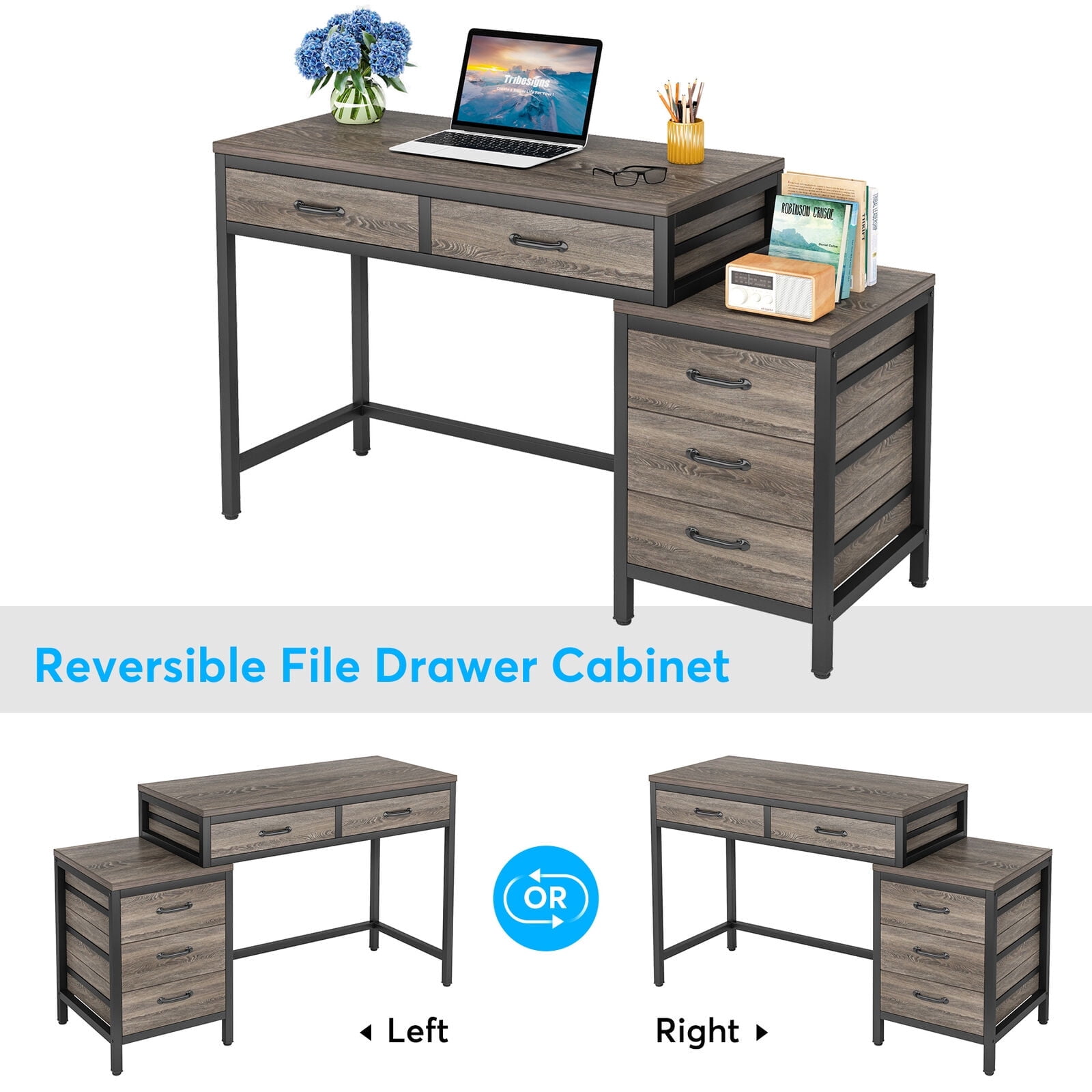Tribesigns Computer Desk with 5 Drawers, Home Office Desks with Reversible Drawer Cabinet Printer Stand, Industrial PC Desk with Storage, Rustic Study Writing Table Workstation for Small Spaces