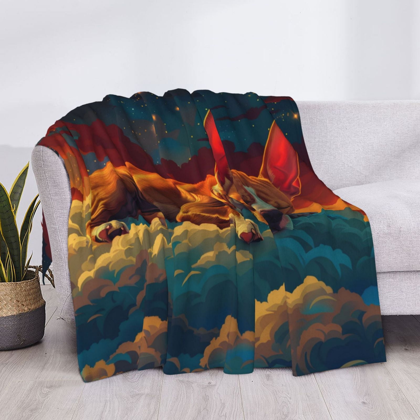 Throw Blanket for Couch - Colorful Starry Sky Sleep Dog Soft Comfy Lightweight Cozy Warm Throw Blanket, Fuzzy Plush Flannel Blanket & Throws for Sofa and Bed All Season