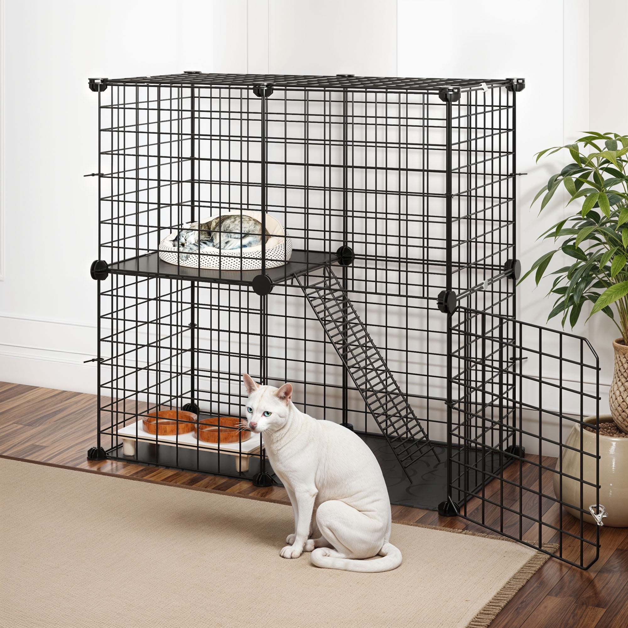 Uforic 2-Tier 28" Cat Cage & Playpen – Metal Indoor Enclosure for 1-2 Cats and Kittens – for Travel and Camping, Black