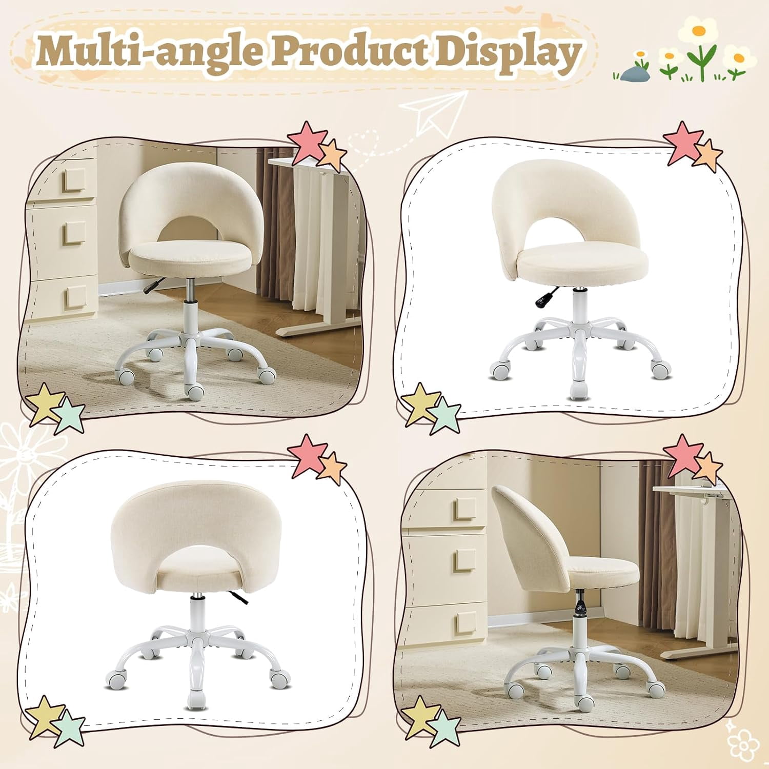 VINGLI Small Vanity Chair with Wheels for Girls.Cute Modern Adjustable Height Armless Office Desk Chair.360°Swivel Comfy Rolling Chair for Study, Make up Room,Small Space,Linen White