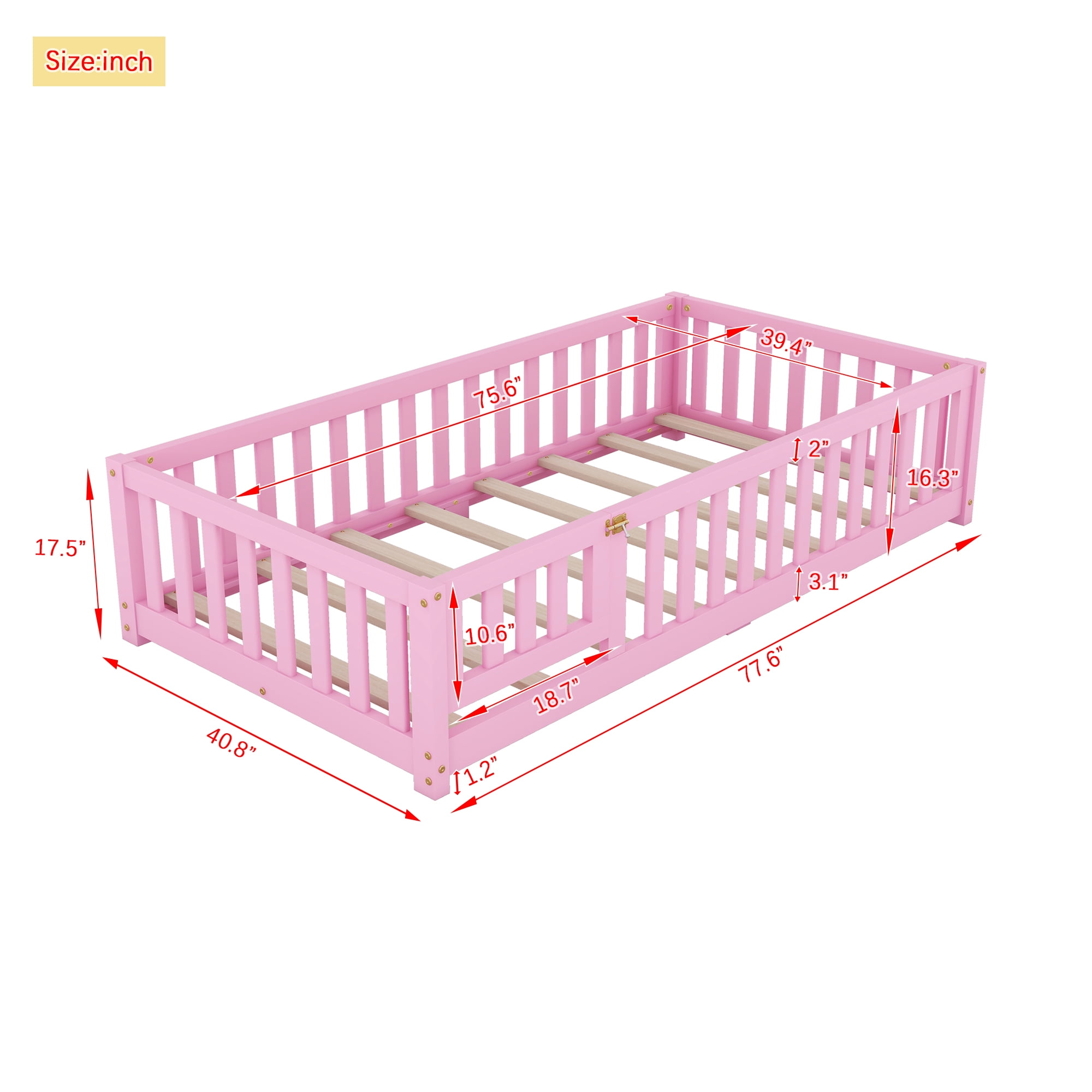 Bellemave Kids Twin Size LVL Rubber Wood Floor Bed, Pink