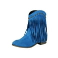 thumbnail image 2 of Viluyesy Mid Calf Boots for Womens, Round Toe Trendy Tassel Chunky Heels Fall Winter Suede Boots Blue, 2 of 9