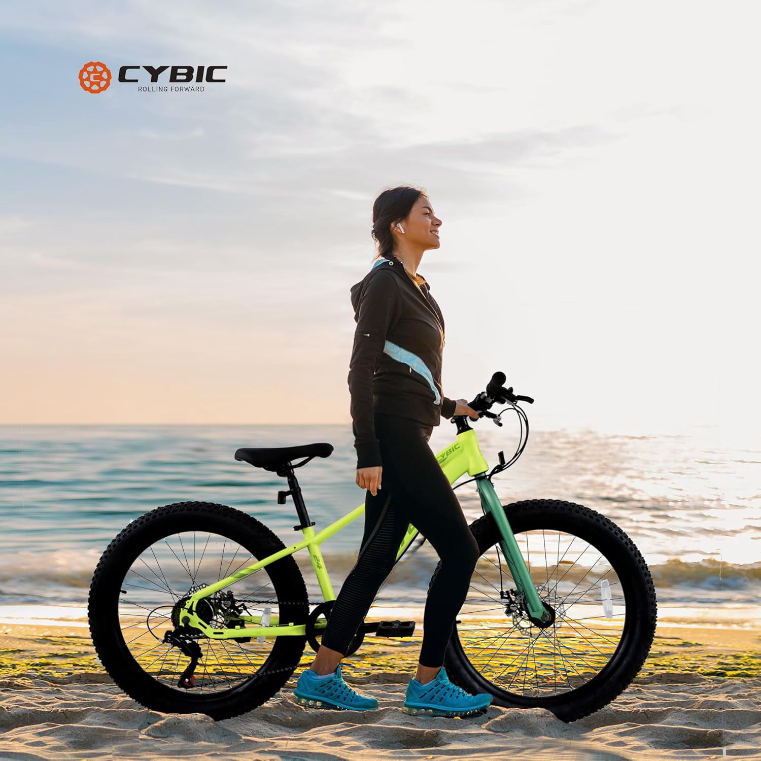 Cybic Fat Tire Mountain Bike 24 inch, 7 Speeds, Double Disc Brake Bicycle, Yellow Green
