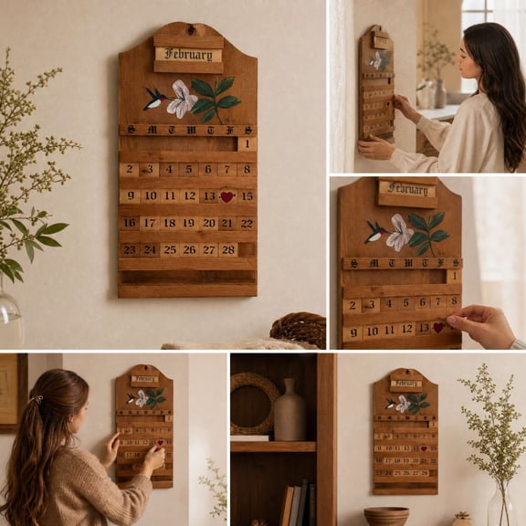 Wooden Perpetual Calendar 12 Inch Wall Hanging Holiday Date Tracker with Adjustable Movable Blocks and Pre Drilled Holes for Living Room Entryway Farmhouse Home Decor
