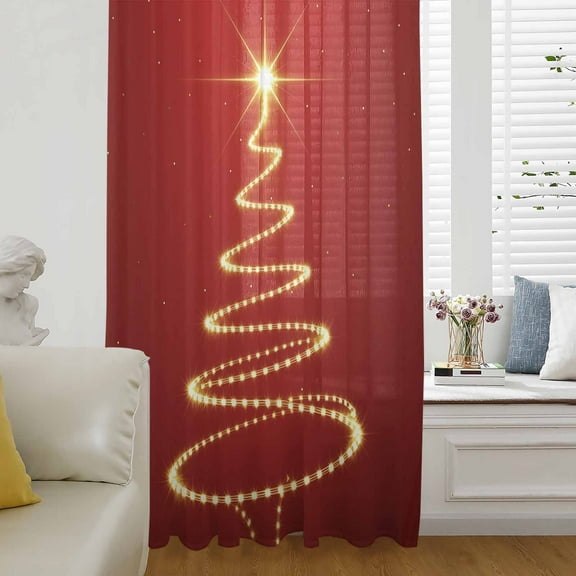 Red Christmas Tree Semi Sheer Curtains Drapes for Living Room, Bedroom, French Doors Window 45 Inches Long, Golden Lights Xmas Tree Rod Pocket Chiffon Curtain Drapery Voile Draperies Panel