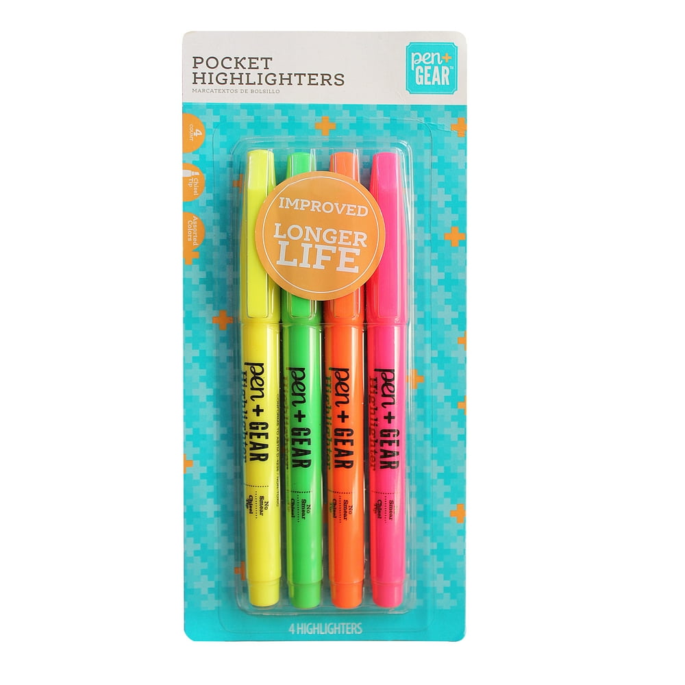 Pen+Gear Pocket Highlighter, Chisel Tip, Translucent Assorted, 4 Count