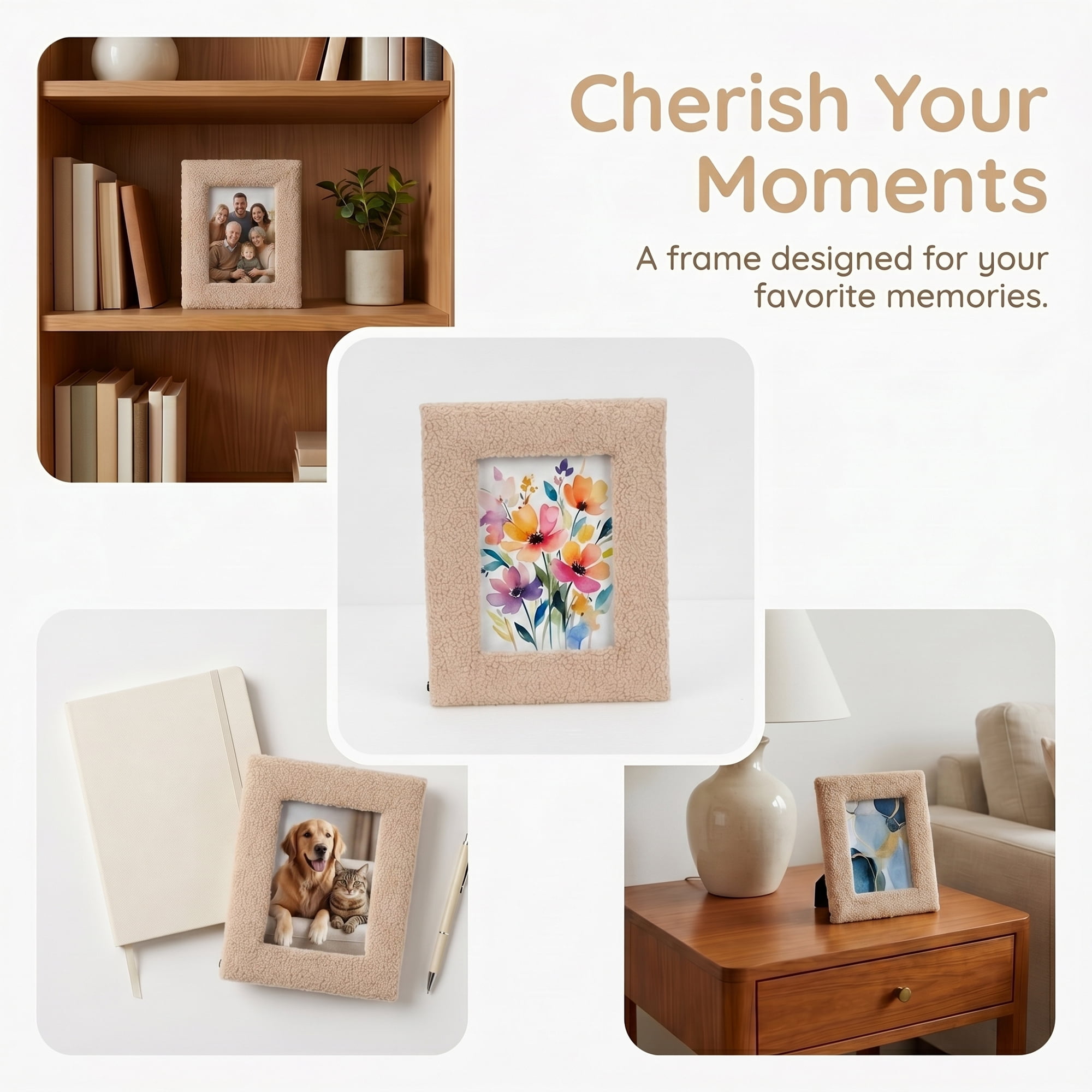 Unique Bargains Cute Plush Furry Cozy Velvet Wood Photo Frame Beige 5" x 7"