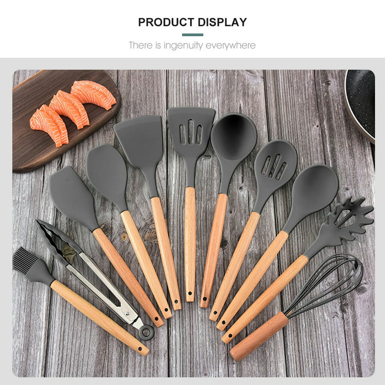 12Pcs Kitchen Silicone Non-stick Spatula Wooden Handle Cooking Utensil Set  Tools