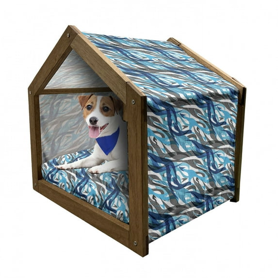 Abstract Pet House, Surreal Expressionism Inspired Image Modern Art Stripes Swirls Waves Trippy, Outdoor & Indoor Portable Dog Kennel with Pillow and Cover, 5 Sizes, Grey Blue White, by Ambesonne