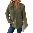 thumbnail image 2 of Kagetolytai Hoodies for Women Waffle Knit Long Sleeve Drawstring Button V Neck Casual Pullover Sweatshirt Hooded Tops Army Green L, 2 of 7