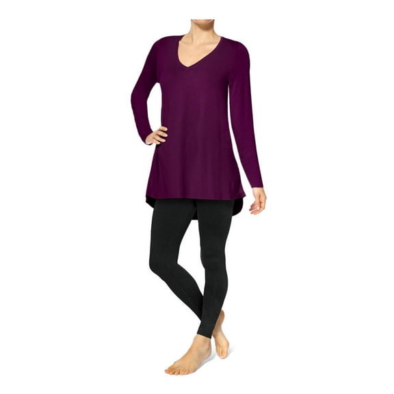 Hue Utopia Women's Long Sleeve V-Neck Super Soft Hi-Lo Hem Legging Tunic Tee (Deep Burgundy, L)