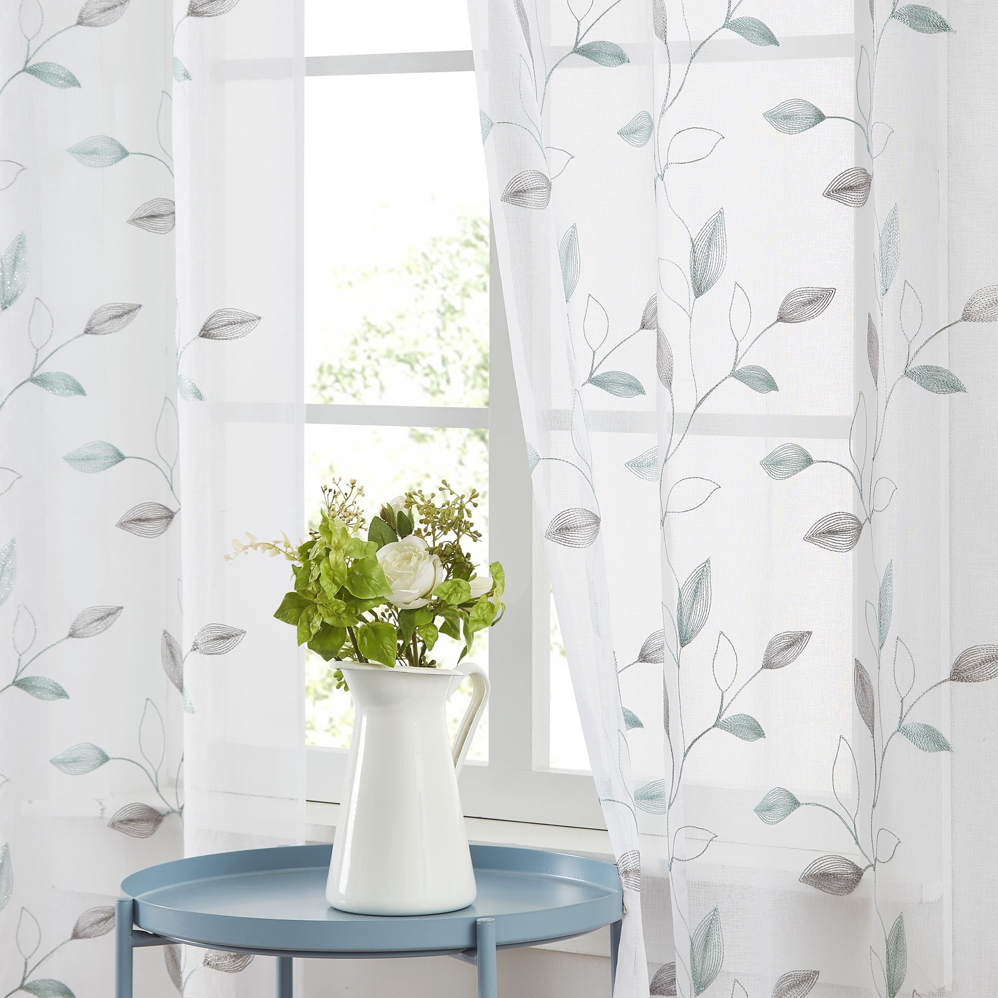 Pinewave Sheer Curtains for Living Room Embroidered Leaf Floral Farmhouse Light Filtering Window Panels Grommet Top 38"Wx63"Lx2,Grey