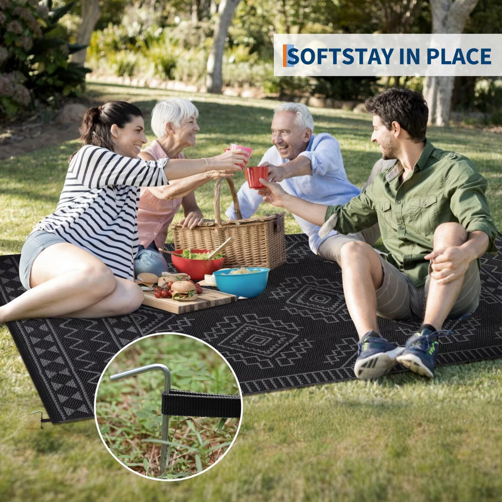 GlowSol 9'x18' Outdoor Rug Boho Geometric Plastic Straw Rug Waterproof Reversible Mat Outdoor Foldable Rug for Camping Patio Picnic, Black Gray