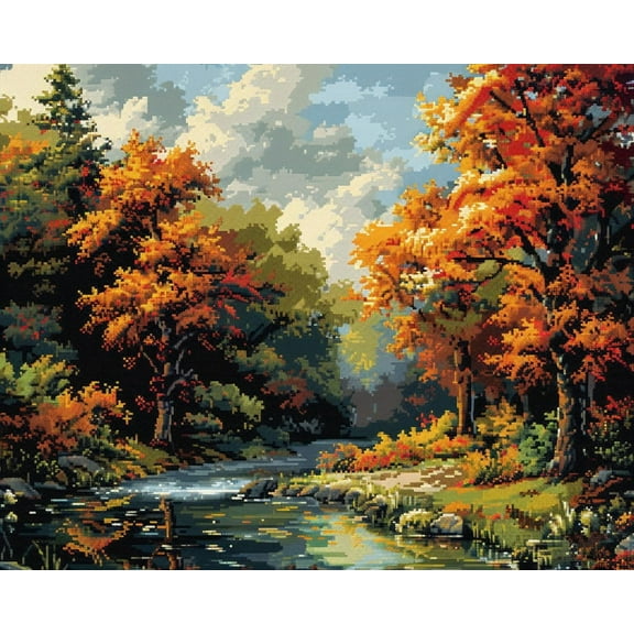 Beautiful Landscape Autumn Trees and River DIY 11CT Stamped Cross Stitch Kits for Beginners Easy Needlepoint Embroidery Counted Cross Stitch Art Craft for Wall Decoration 12x16inch(4)