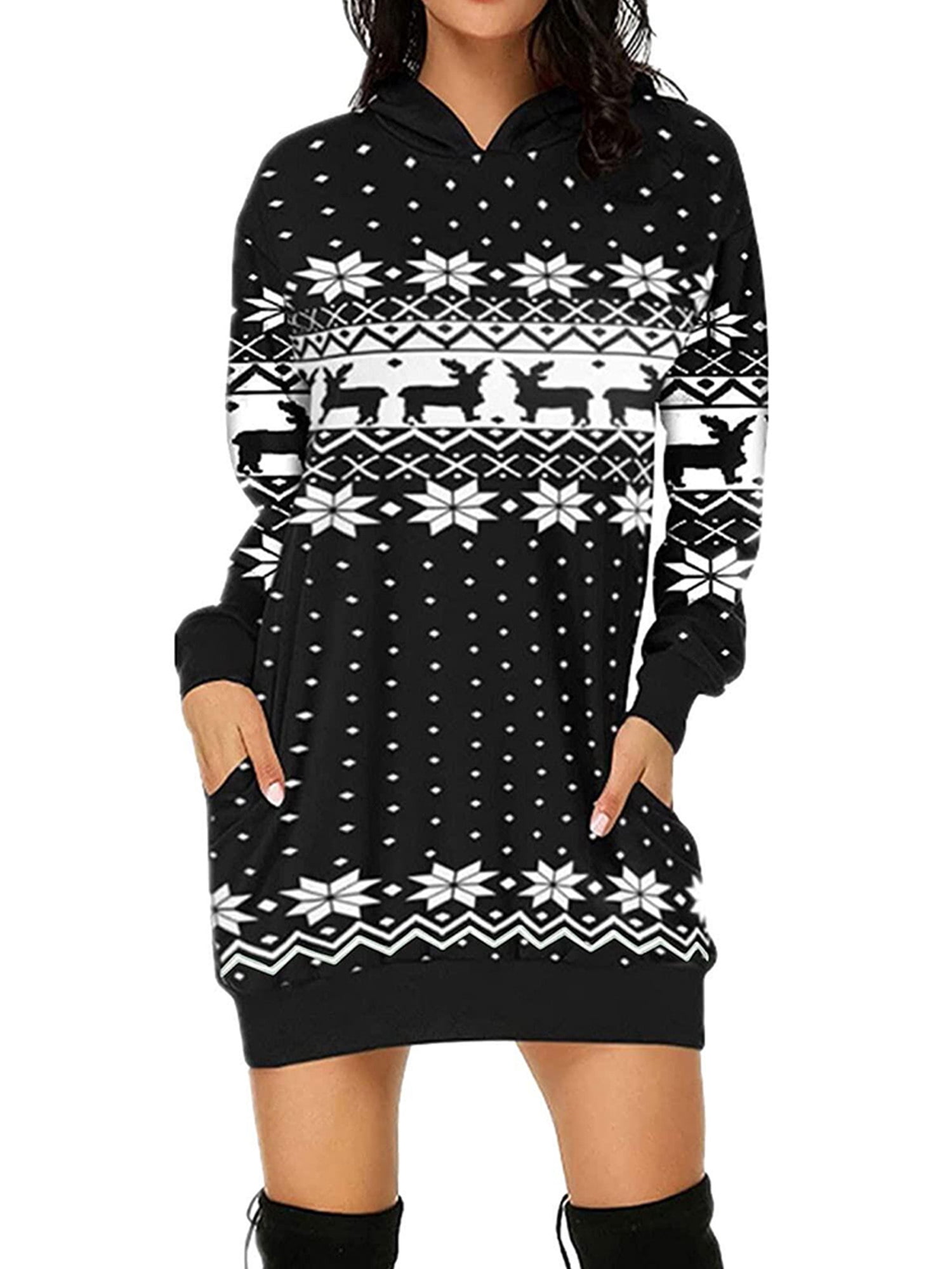 Print Hooded Sweatshirt Dress Pullover 