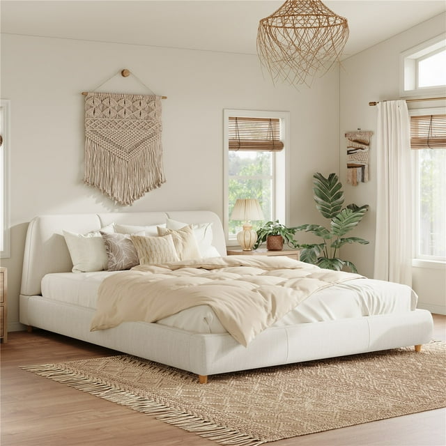 Lit Rembourré Moderne Minimaliste, Tête de Lit Douce, Tissu en Lin, Sans Rangement, Matelas Non Inclus, beige Pâle