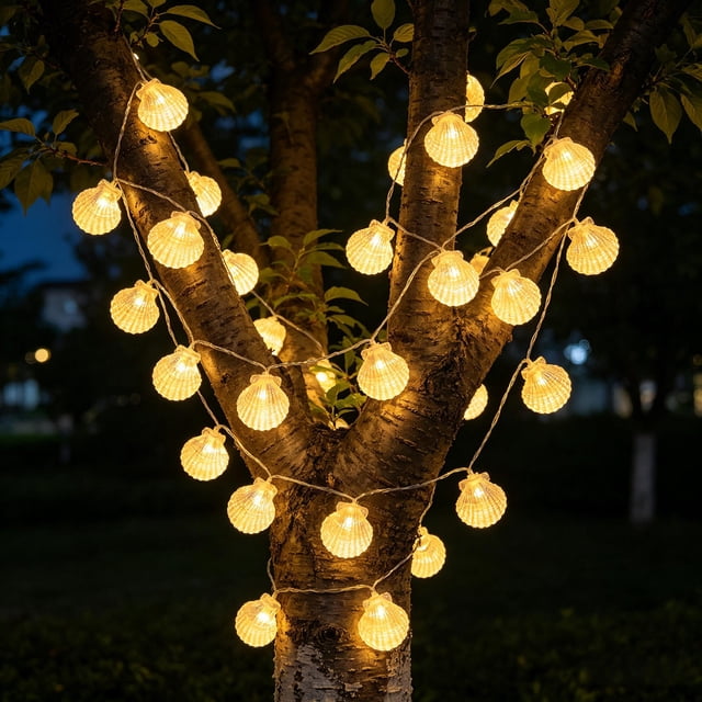 Vacemry Seashell String Lights Indoor Outdoor, Faux Shell Fairy Lights Waterproof Warm Glow, Terrace Balcony Camping Party Holiday Decor