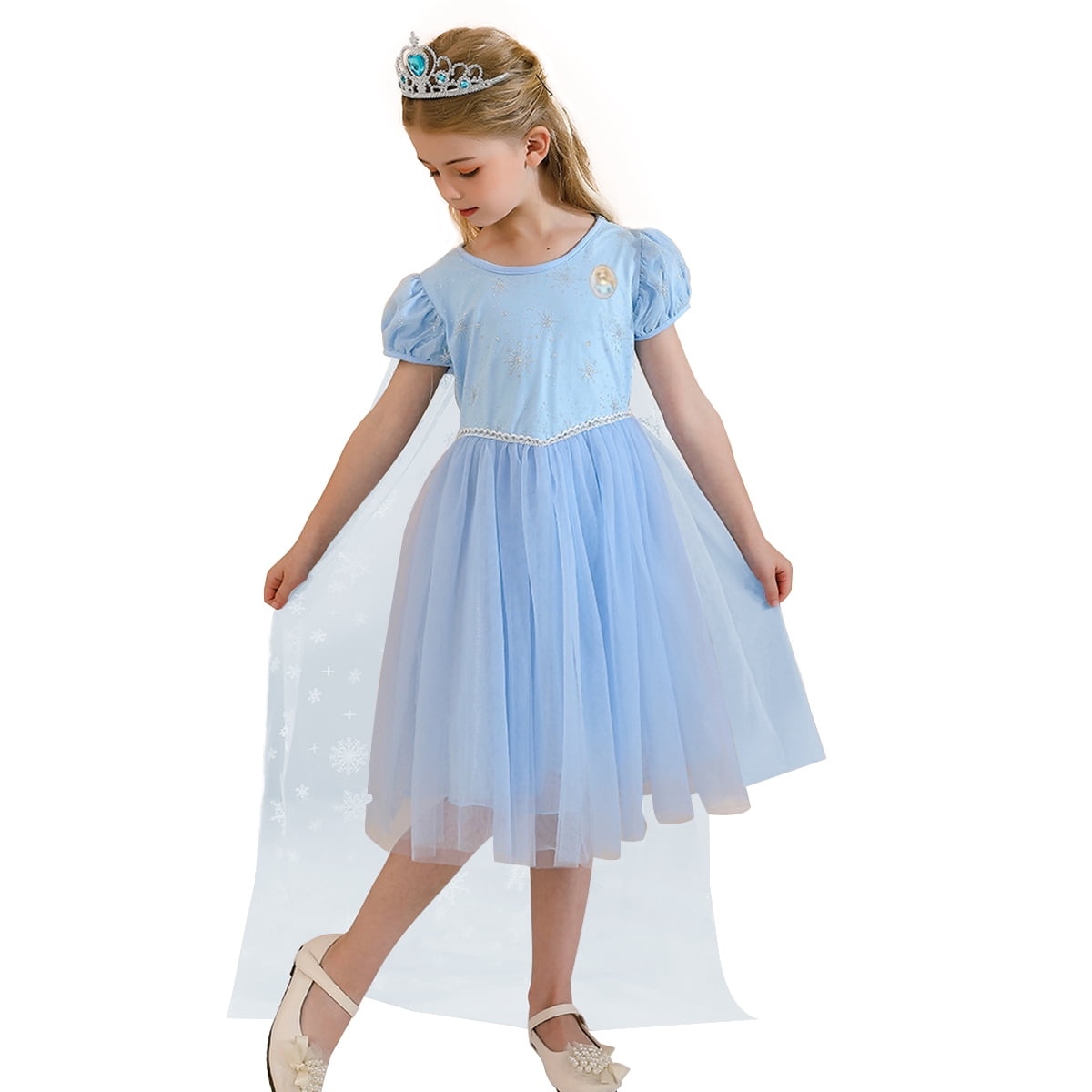 Kids Girl Queen Princess Elsa Tulle Tutu Dress Short Sleeve Birthday Party Dress 