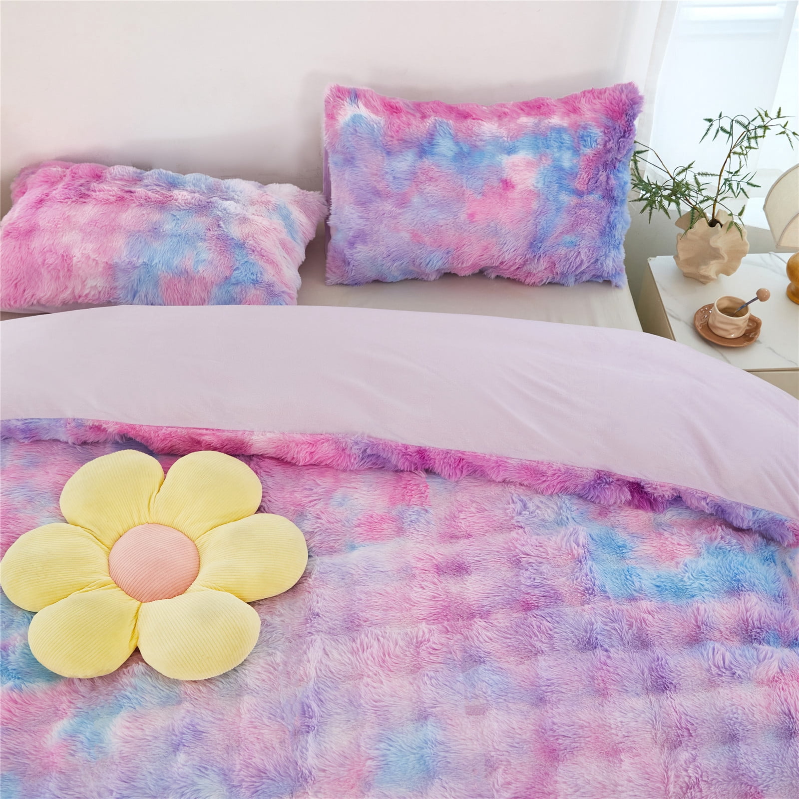 RYNGHIPY Kids Bedding Comforter Sets Full 3 Pieces Bubble Faux Fur Bedding Set Blue Purple Soft Shaggy Comforter Set Skin Friendly Fluffy Bed Set for Winter