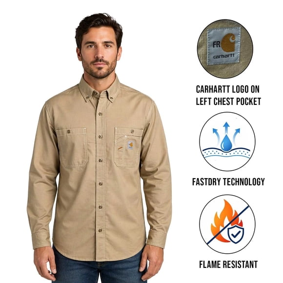 Carhartt FR Men's Dark Khaki Shirt Flame Resistant Long Sleeve Lightweight (S04
