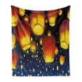 thumbnail image 1 of Lantern Soft Flannel Fleece Throw Blanket, Floating Fanoos Like Devices on Sky Auspicious Culture Chinese, Cozy Plush for Indoor and Outdoor Use, 50" x 60", Dark Blue Orange, by Ambesonne, 1 of 6