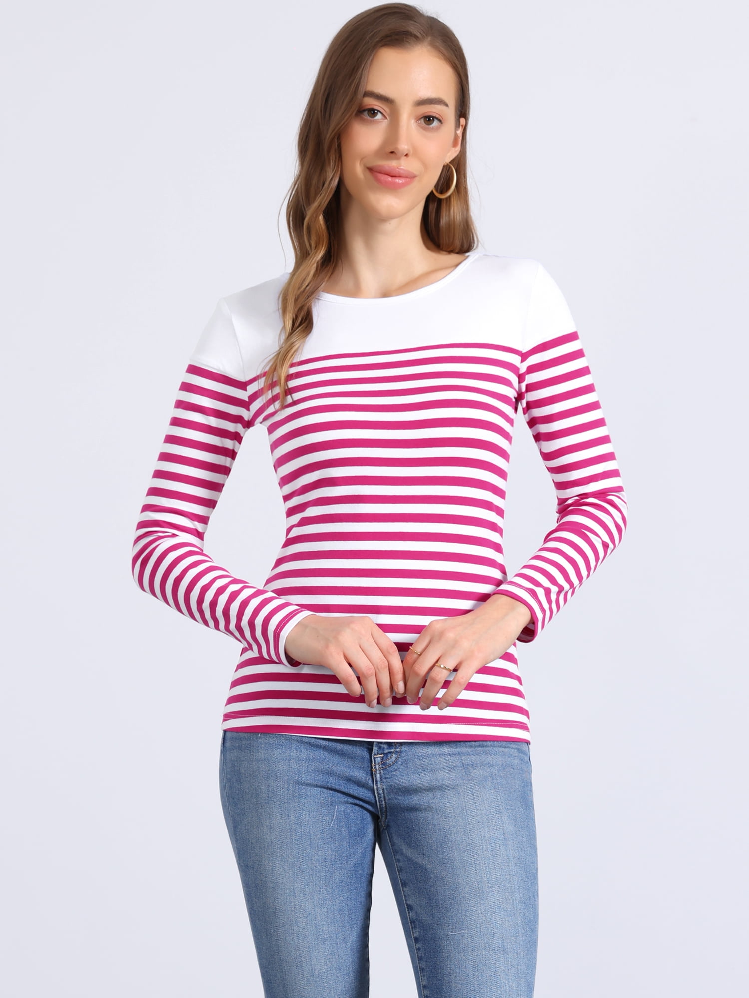 DARING DIVA Women's Color Block Striped Knit Top Long Sleeves T-Shirt M Red White
