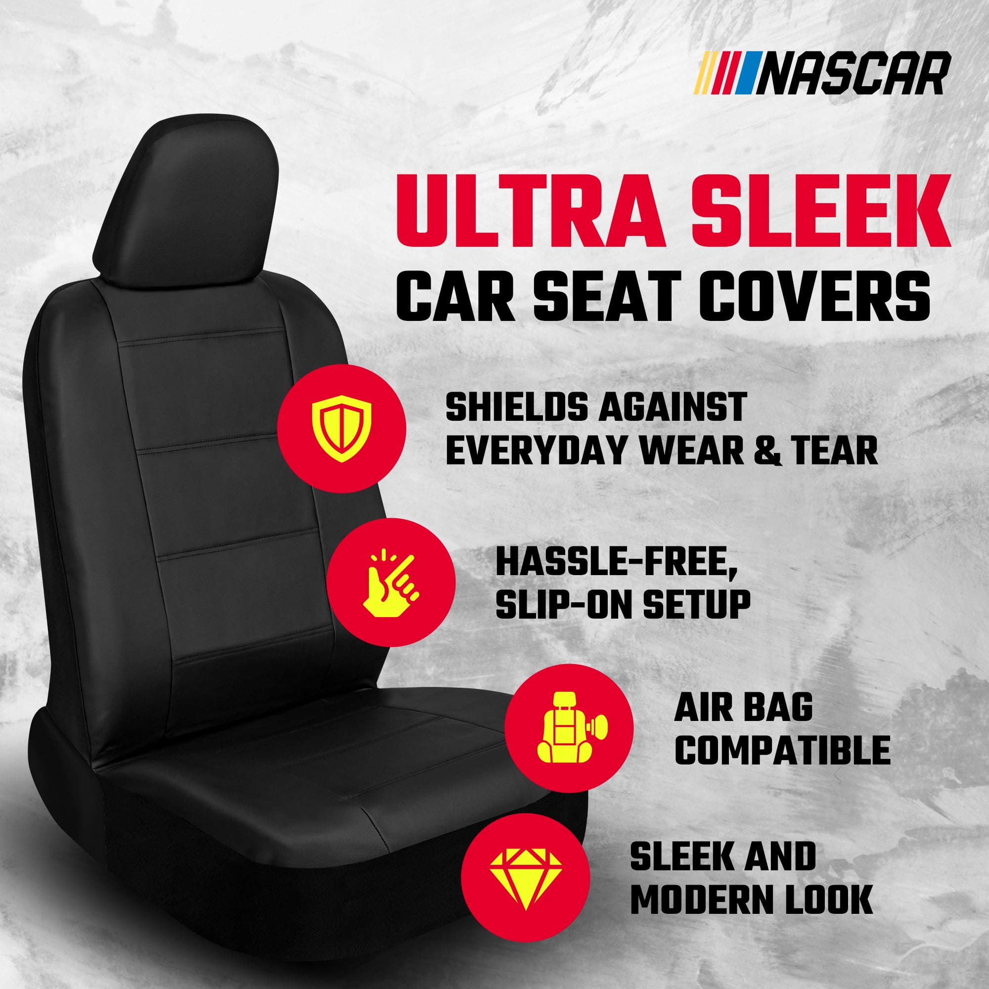 NASCAR Car Seat Cover Set | Durable, Foam-Padded, Form-Fitting Design for Cars, SUVs, & Trucks | 11-Piece Front and Back Automotive Seat Covers | Quick Installation | Interior Covers |Black